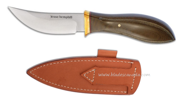 Jesse Hemphill High Falls Fixed Blade Knife, A2 Steel, Micarta Green, Leather Sheath, JH003G